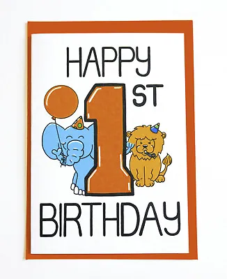 First Birthday Card HAPPY 1st BIRTHDAY For 1 Year Old Baby Elephant And Lion • £3.50