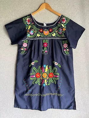 Mexican Dress Puebla For Women Hand Embroidered Floral Large Blue • $22.88