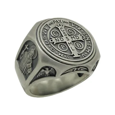 Saint Benedict Medal Sterling Silver Catholic Men's Ring Handcrafted Exorcism  • $156.75