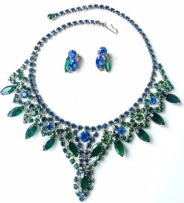 Vintage JULIANA D&E Peacock Blue And Green Colors Navettes Glass Necklace Set • $220