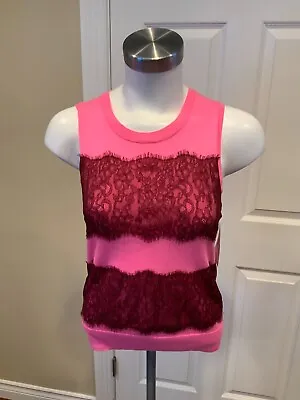 J. Crew Pink Merino Wool Crewneck Sweater Vest W/ Maroon Lace Size S • $25.75