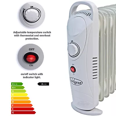 Electric Portable Heater Mini Oil Filled Radiator 800W 7 Fins Thermostat Compact • £17.99