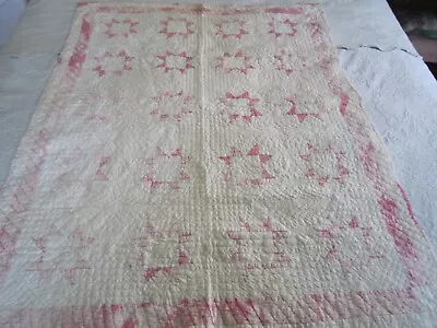 Beautiful Vintage Hand Stitched OHIO STAR Applique Pink & White QUILT 37 X 46 • $34.99