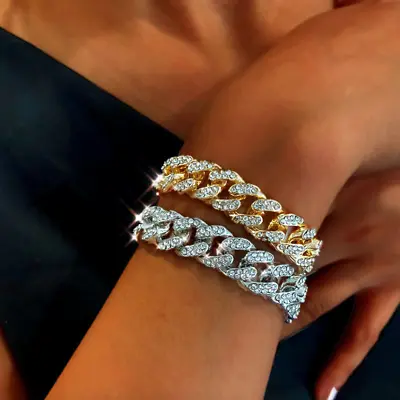 Men Women Hip Hop Iced Cuban Gold Silver Chain Miami Link Diamond Cut Bracelets • £5.99