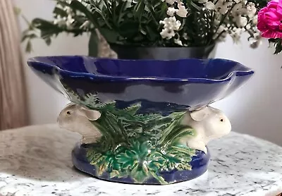 Majolica Pottery Blue W/White Rabbits Pedestal Bowl Centerpiece 10.75  L X 5  H • $38