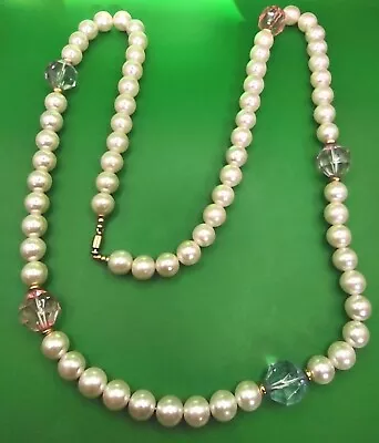 Vintage FAUX PEARL & Colorful ACRYLIC Beaded Necklace In Gold Tone • $8.99