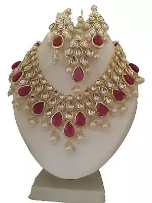 Indian Bollywood Ethnic Gold Tone Kundan Choker Necklace Earrings Jewelry Set • $25.29