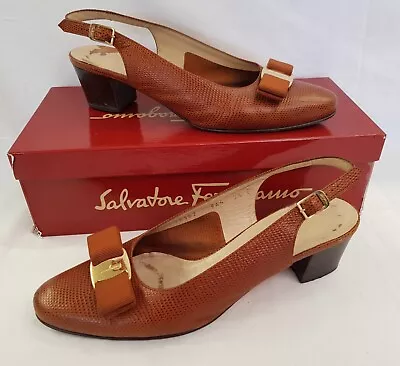 Vintage Salvatore Ferragamo Vara Bow Slingback Shoes Brown Leather Size 6 • £40