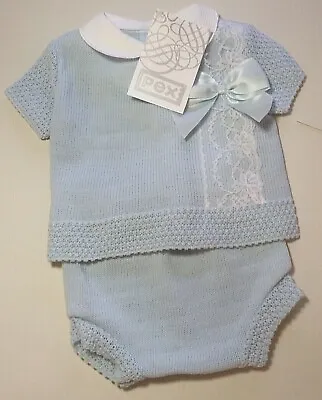 £13.99 • Buy Baby Boy Knitted 2 Piece Set Blue Spanish Style Top Jam Pants BOW  0-3  To 9-12m