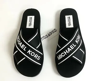 Women MK Michael Kors Sparrow Slide Sandals MK Graphite Black • $38.49