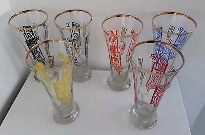 6 X 1960s Vintage Highball Tumblers Glasses Coloured Retro Design With Gold Trim • £34.99