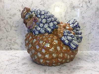 Majolica Fluffy Hen Gold & Blue High Relief Feathers Very Detailed 10  X 9  X 8  • $34.95