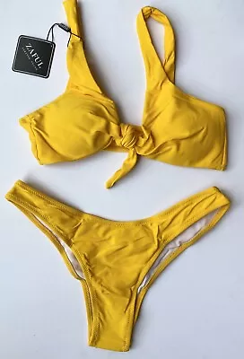 Zaful Yellow Tie Front Top & Ruched Back Bottoms Swimwear Bikini Set BNWT - 10 • £11