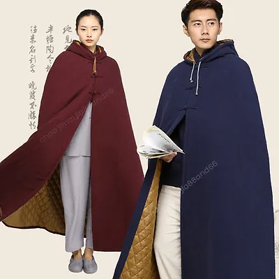 Hooded Cape Warm Cotton Lining Buddhist Meditation Monk Cloak Long Robe Gown • $99.75