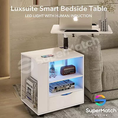 Bedside Tables Smart Side Table RGB LED 2 Shelves Nightstand 2 USB Ports White • $139.59