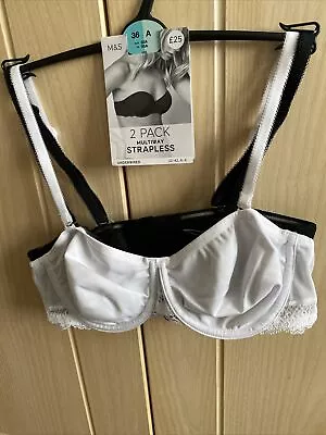 M&S Lingerie 2-Pack Multiway/Strapless Underwired Bras White/Black Size 36A New • £6.75