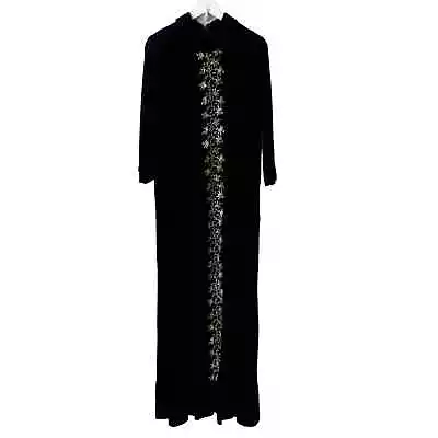 Vintage Barsarobe Maxi Velvet Velour Embroidered Size M Black Floral Modest 70s • £38.91