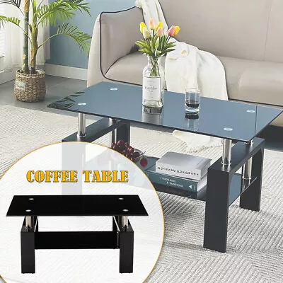 Black Modern Side Coffee Table Glass Top Living Room Furniture Rectangle Shelf • $88.97