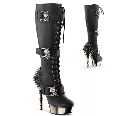 Black Knee High Sexy Gothic Biker Skulls Motorcycle Steampunk High Heels Boots • $154.95