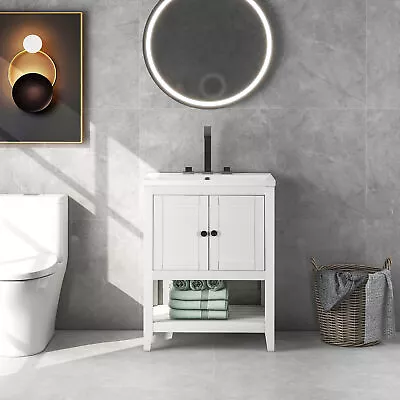 24 White Modern Bathroom Vanity Elegant Ceramic Sink With Frame Open Style Shelf • $296.20