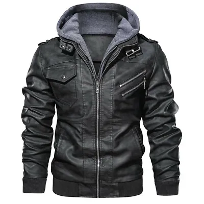 Fashion Men Leather Jacket Hooded Motorcycle Coat Biker Pu Jacket Casual Outwear • $34.59