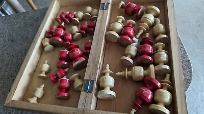 Vintage Carved Wooden Chess Set Red Antique  30 Pieces Painted • $16.89