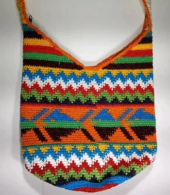 Vtg Boho Hippie Handmade Crochet Shoulder Zipper Bag Purse Striped Multicolor  • $13.95