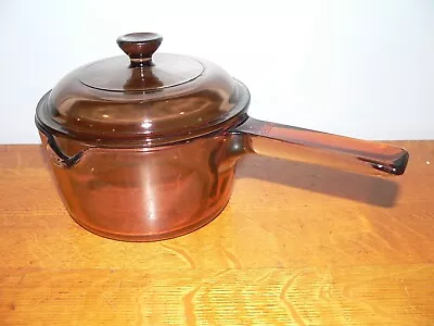 Corning Vision Ware 1 Liter Amber Glass Single Spout Sauce Pan W/Lid Made In USA • $17.95