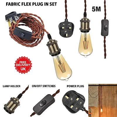 Fabric Flex Cable Kit UK Plug In Pendant Lamp Light 5M E27 Fitting Vintage Bulb • £19.89