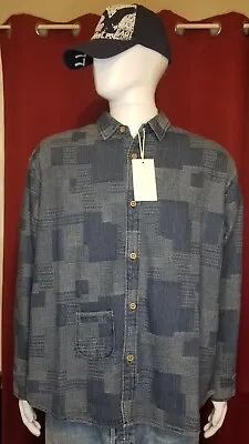 Men's Plaid Patchwork Japanese Sashiko Wabash Stripe L/S Blue Denim Shirt XL • $65