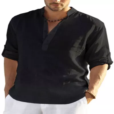 Mens Loose Linen Beach Shirts Cotton Casual Summer Shirt Blouse Solid Tops • $16