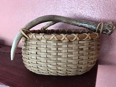 Unique Woven Reed Basket Artist Signed 2 Prong Antler Handle Hardwood Bottom • $45