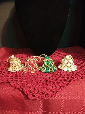 Vintage Handmade Beaded Christmas Bell Ornaments 4 Set Beautiful! • $12