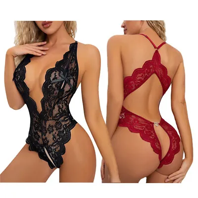 Womens Sexy Lace Body Crotchless Babydoll Bodysuit Nightwear Underwear Lingerie- • £3.68