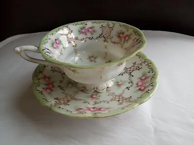 Vintage Green And Pink Floral Demitasse Cup & Saucer Set ~ Gold Gilt ~ Footed • $24.60