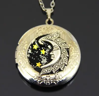 Moon Locket Necklace Silver Photo Medallion Celestial Half Moons Jewelry Women • $21.90