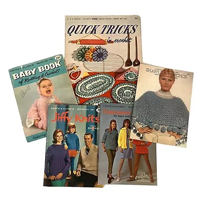 Lot Of 5 Vintage Crochet Pattern Books Coats & Clarks Sweaters Shawls Jiffy Knit • $15.99