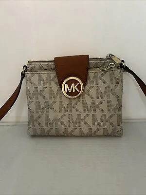 Michael Kors Fold Over Crossbody Purse | Monogram | Cream & Brown Leather • $30