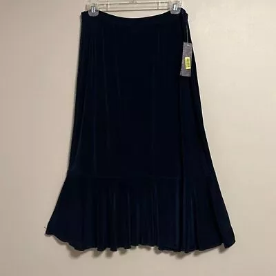 Women's Feminine Chic Retro Elastic Waist Pull On Navy Fishtail Midi Skirt M • $34