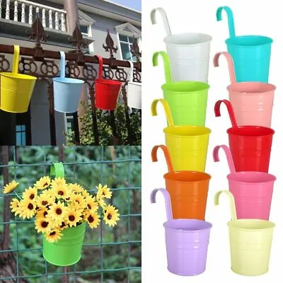 10 Home Metal Flower Pot Colour Balcony Garden Wall Fence Hanging Plant Planter • £11.99