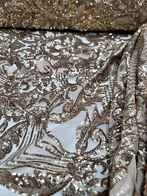 Damask Design Matte Gold Sequin Fabric On Mesh 4Way Stretch Lace By The Yard • $29.99