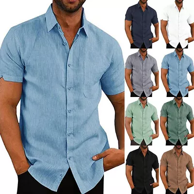 Mens Short Sleeve Button Shirts Summer Casual Loose Hawaiian T-Shirt Blouse Tops • £3.49