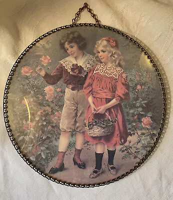 Vintage Flue Cover Victorian Style Girl Boy In Rose Garden Glass Chain Border 9” • $22