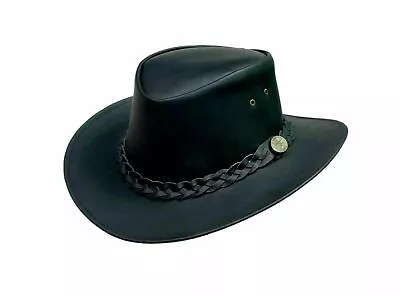 £16.75 • Buy Genuine Leather Cowboy Outback Hat Western Aussie Style Hat Black With Chinstrap
