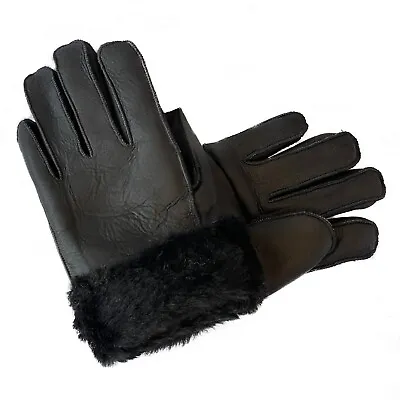 Black Leather Fur Warm Gloves Real Genuine Sheepskin Shearling Leather S-2xl • $38