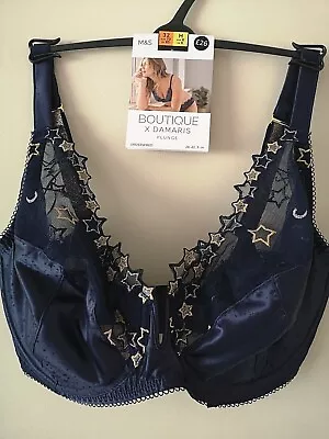 Rrp £26 M&s Boutique X Damaris Size 32h Navy Star Detail Underwired Plunge Bra • £13.99