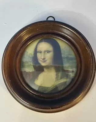 Vintage Small 5” Round Wood Picture Frame Mona Lisa Bubble Glass Decor • $24.95