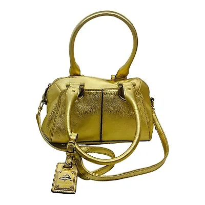 B. Makowsky Zip Top Convertible Satchel Leather Gold Metallic Double Handles • $45