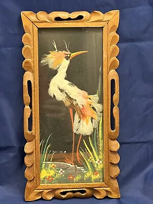 1950s Mexican Exotic Feather Birds Art W/ Hand Carved Frame Vintage • $29.99