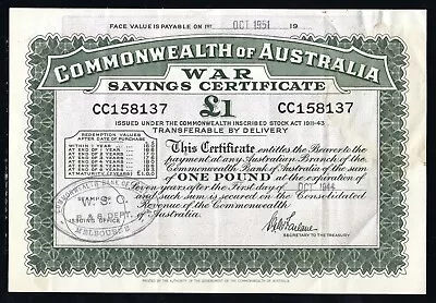 Commonwealth Of Australia £1 McFarlane War Savings Certificate Melbourne 10/1944 • $31